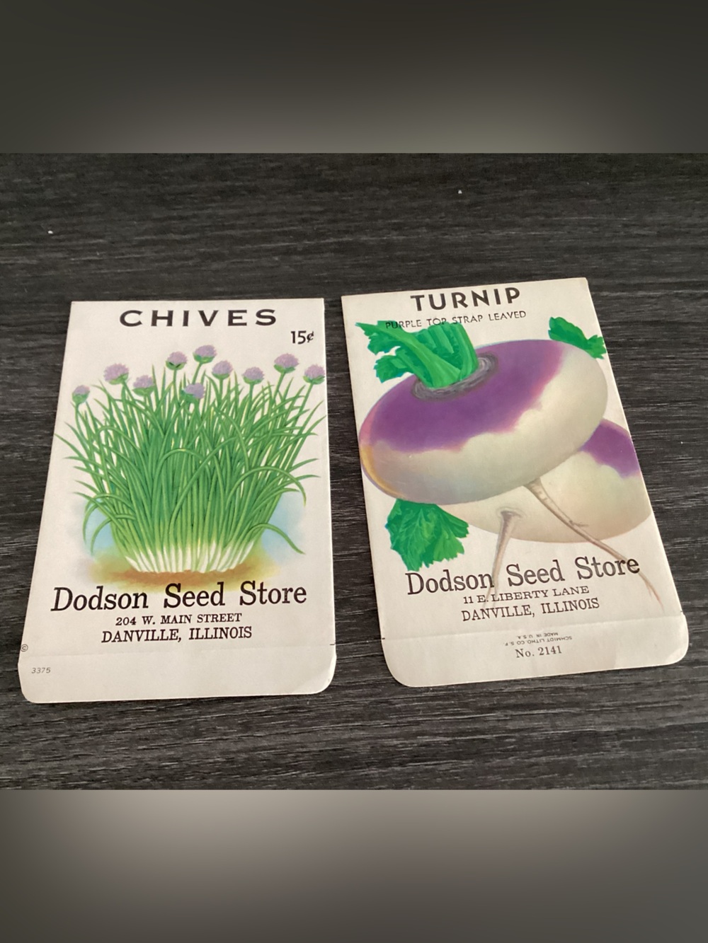 Vtg. Unused “old stock” TURNIP and CHIVES seed packets from the Dodson Seed